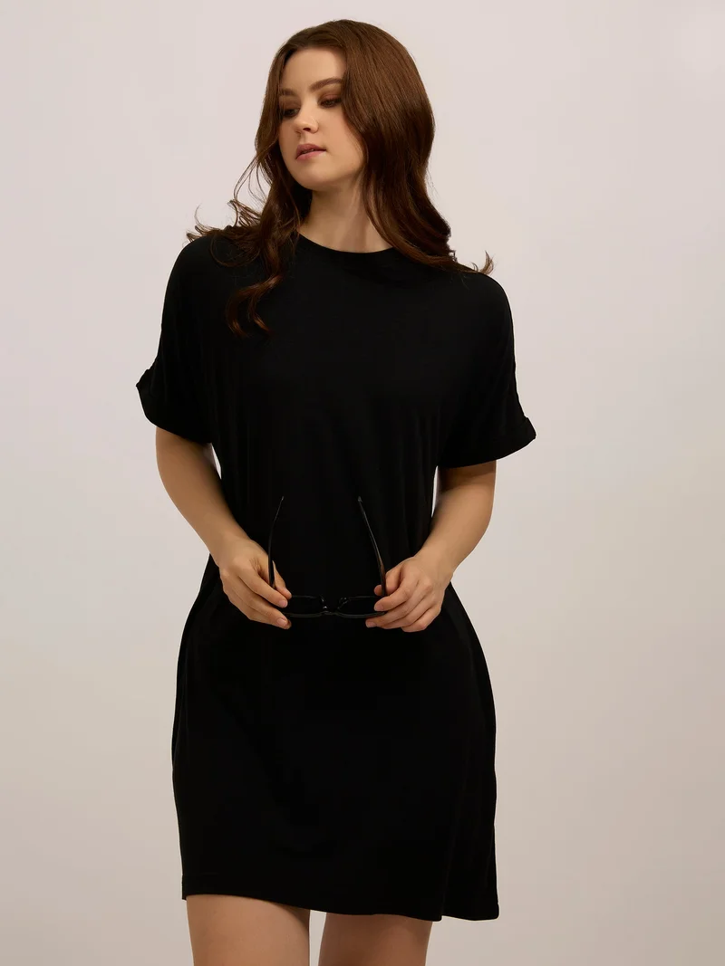 Black Fold Up Sleeve T-Shirt Dress