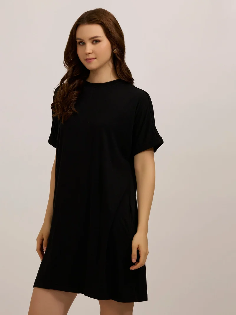 OUTZIDR  Black Fold Up Sleeve T-Shirt Dress for Women | Best Price UAE