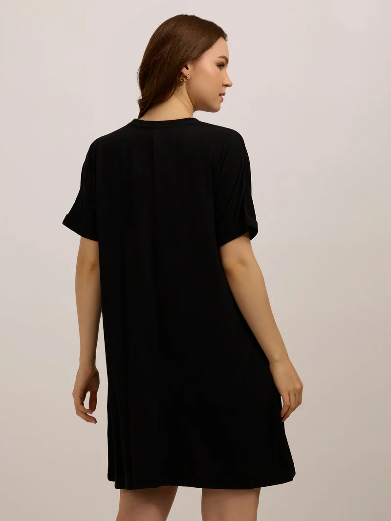 OUTZIDR  Black Fold Up Sleeve T-Shirt Dress for Women | Best Price UAE