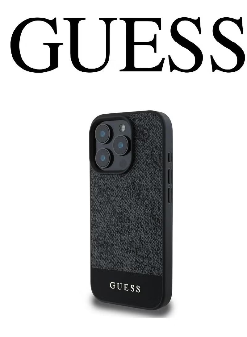 GUESS IPhone 16 Pro cover, with a logo and a leather design approved by the global brand Guess.  In Black - Image 1