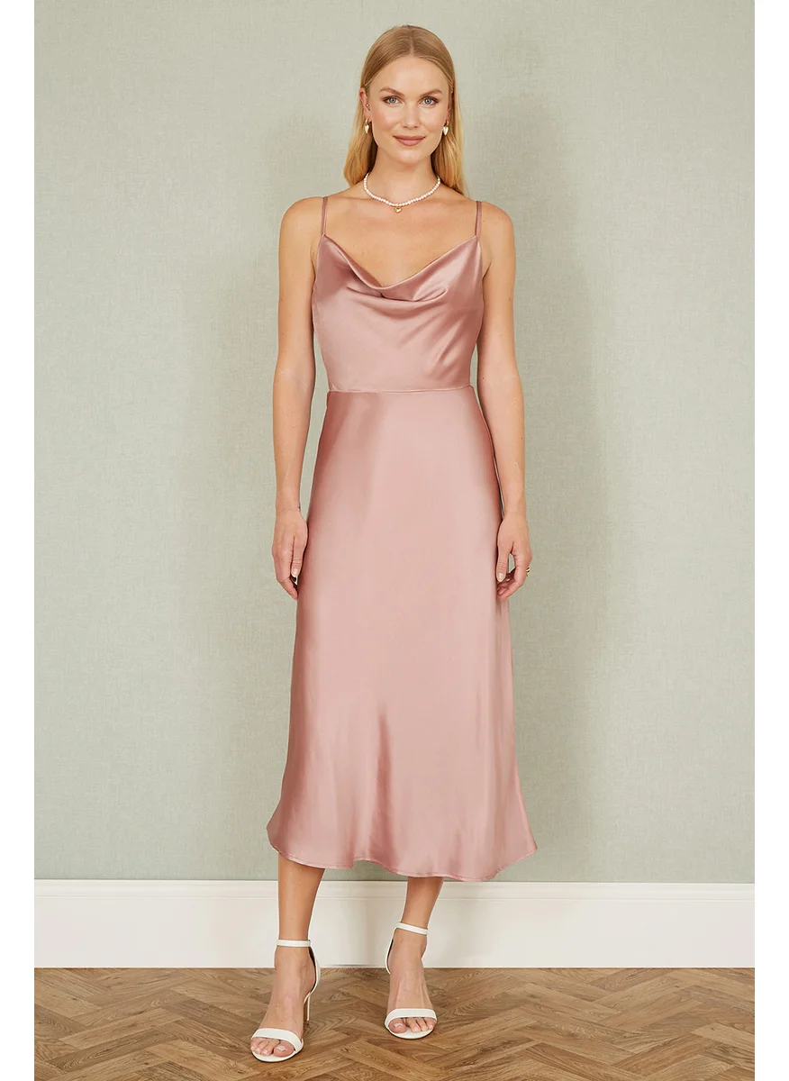 Yumi Yumi Rose Pink Satin Cowl Neck Midi Slip Dress