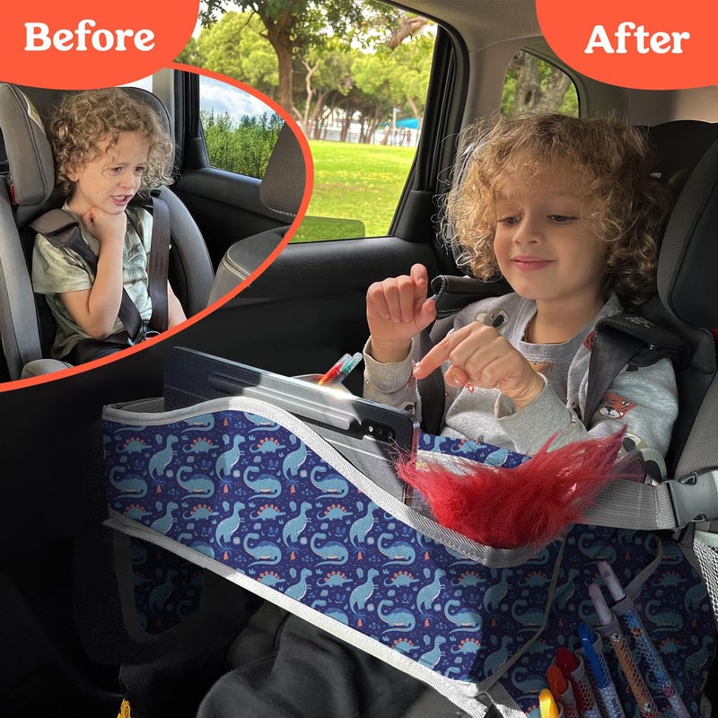 PILLANI Kids Travel Tray for Car - Toddler Essentials for Road Trip, Carseat Tray for Kids Travel, Car Activities for Kids Ages 4-8 w/ Activity Sheets & Pens, Tablet Holder, Dry Erase Board,Cup Holder - Image 3