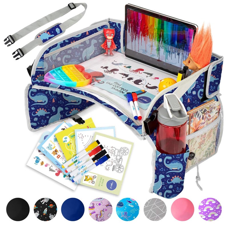 PILLANI Kids Travel Tray for Car - Toddler Essentials for Road Trip, Carseat Tray for Kids Travel, Car Activities for Kids Ages 4-8 w/ Activity Sheets & Pens, Tablet Holder, Dry Erase Board,Cup Holder - Image 1