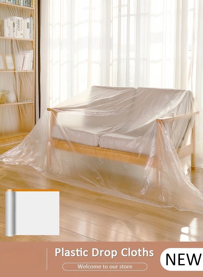Plastic Drop Cloths, Waterproof Anti-Dust Furniture Cover With Adhesive Strip, Thicken Painters Drop Cloth, Disposable Plastic Cover for Painting Protection, Large Anti Dust Clear Cover for Sofa Furniture Floor Wall Protection - Image 1