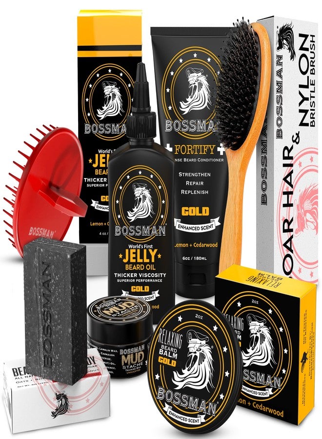 Bossman Big Boss Beard Care Kit for Men - Dad Gifts for Fathers Day, 7 Piece Beard Grooming Kit with Jelly Beard Oil, Beard Conditioner, Beard Balm, MUDstache Wax, Bar Soap, Metal Comb, Brush - (Gold - Image 1