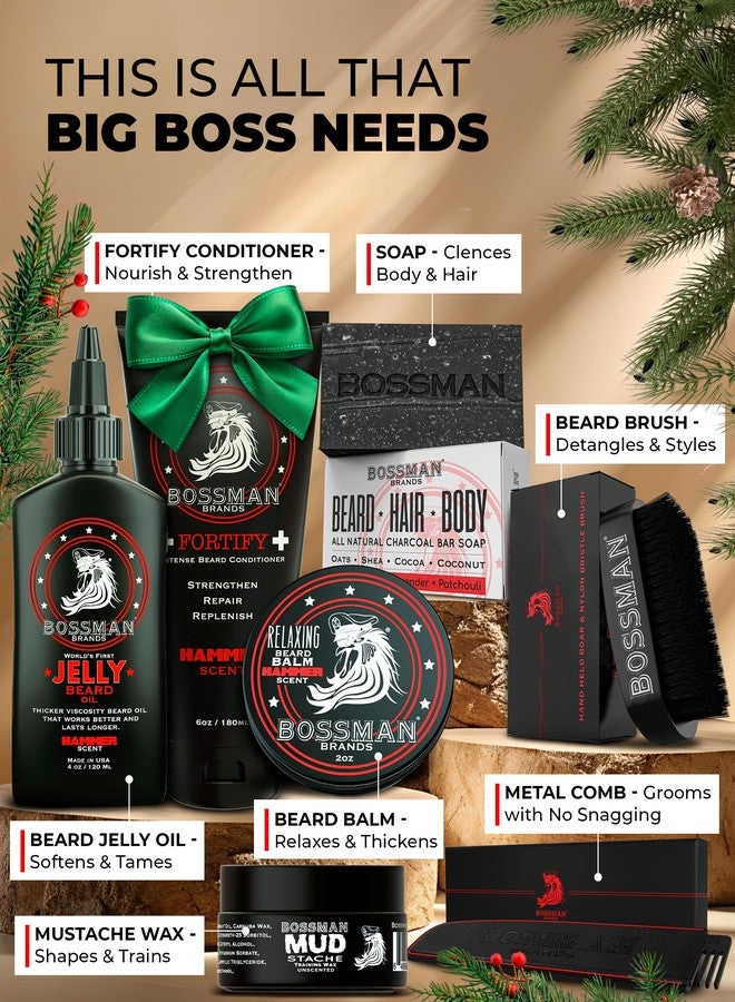 Bossman Big Boss Beard Care Kit for Men - Dad Gifts for Fathers Day, 7 Piece Beard Grooming Kit with Jelly Beard Oil, Beard Conditioner, Beard Balm, MUDstache Wax, Bar Soap, Metal Comb, Brush - (Gold - Image 2