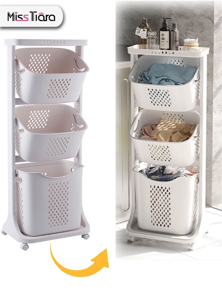 MissTiara 3-Layer Storage Rack,Basket With Wheel Rolling Laundry Sorter 3Tier Basket Stand,Toy Storage,Bathroom Storage, With 6 Side Hooks For Kitchen Bathroom Trolley Dirty Clothes Bag Washing Bin School Beauty Salon Utility Organizer Cart 