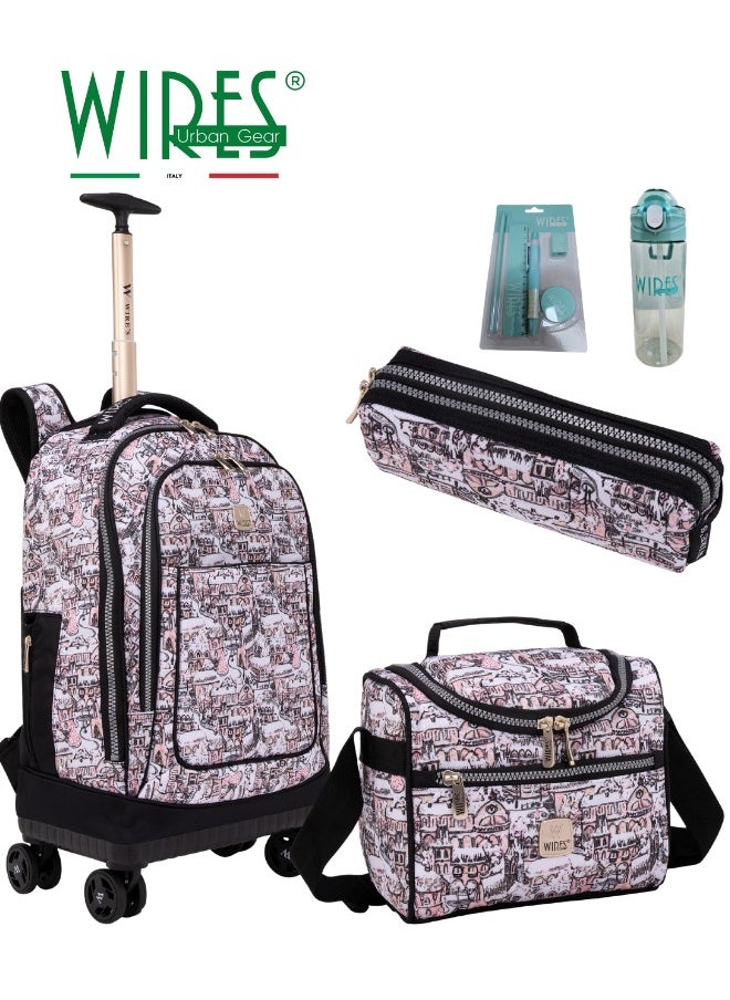 Wires 3 Piece Kids School Trolley Bag laptop compartment 4 Wheels With Lunch bag & Pencil Case  - Image 1