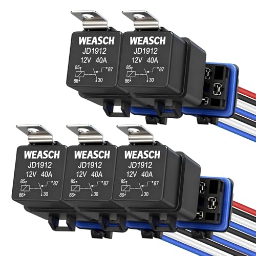 Weasch 5 Pack Waterproof Relay Kit, 12V 40A, 4 Pin SPST, Heavy Duty 14 AWG Tinned Copper Wires Automotive Relay and Harness Set for Automotive Car Marine Boat - Image 1