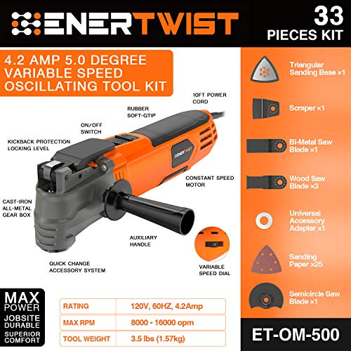 ENERTWIST أداة إنيرتويست المتأرجحة، مجموعة أدوات متعددة الاستخدامات بقوة 4.2 أمبير مع زاوية تأرجح 5°، 6 سرعات متغيرة، 31 قطعة ملحقات مناشير، مقبض مساعد وحقيبة حمل، ET-OM-500 - Image 2