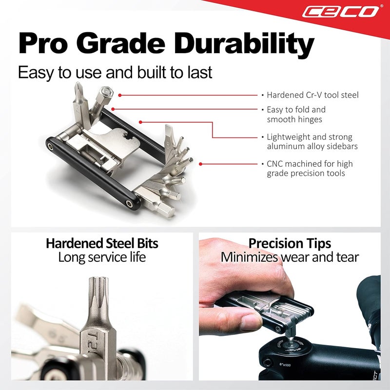 CECO -USA 17 Function Bike Tool with Chain Breaker – Bicycle Multi Tool – Ultra Slim, Compact Pocket Sized, Lightweight – High Strength CR-V 6150 Tool Steel – Easy To Carry - Image 4