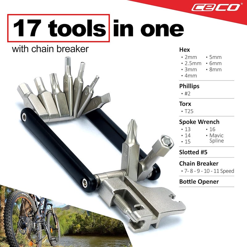 CECO -USA 17 Function Bike Tool with Chain Breaker – Bicycle Multi Tool – Ultra Slim, Compact Pocket Sized, Lightweight – High Strength CR-V 6150 Tool Steel – Easy To Carry - Image 3
