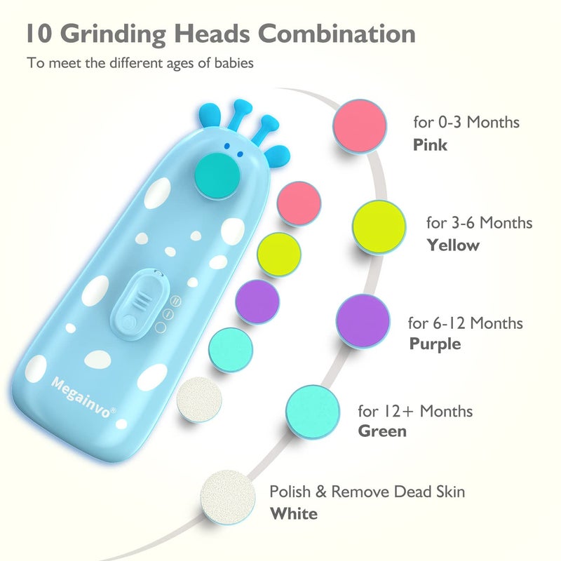 Megainvo Baby Nail Trimmer Electric Baby Nail File Safe Baby Nail Clippers with Light 10 Grinding Heads Queit Baby Nail Polish Grooming Kit for Newborn Infant Toddler Toes Fingernails Care - Blue - Image 2