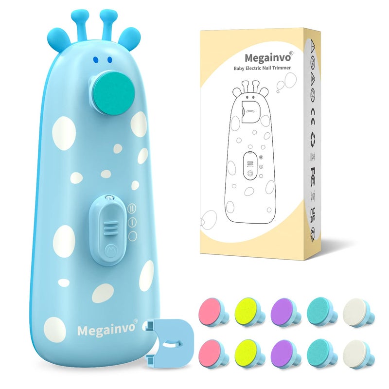 Megainvo Baby Nail Trimmer Electric Baby Nail File Safe Baby Nail Clippers with Light 10 Grinding Heads Queit Baby Nail Polish Grooming Kit for Newborn Infant Toddler Toes Fingernails Care - Blue - Image 1