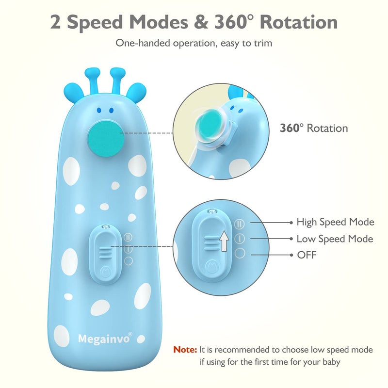 Megainvo Baby Nail Trimmer Electric Baby Nail File Safe Baby Nail Clippers with Light 10 Grinding Heads Queit Baby Nail Polish Grooming Kit for Newborn Infant Toddler Toes Fingernails Care - Blue - Image 4