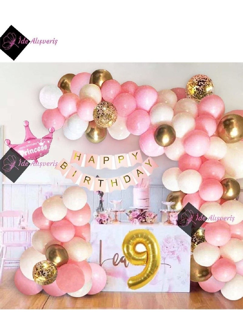 Store Pink Queen Crown Luxury 9 Years Old Birthday Party Decorations for Girls Happy Birthday  - Image 1