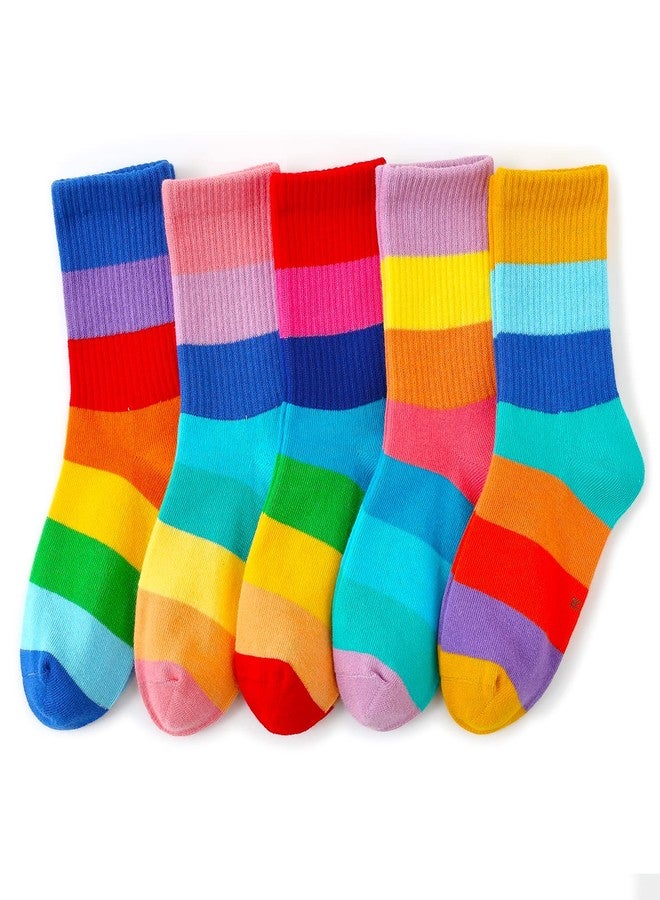 hakugoo Kids Crew Socks - Seamless Rainbow Stripes Cotton Athletic Sock (5 Pairs, Set C,M, 6-8 Years Unisex) - Image 1
