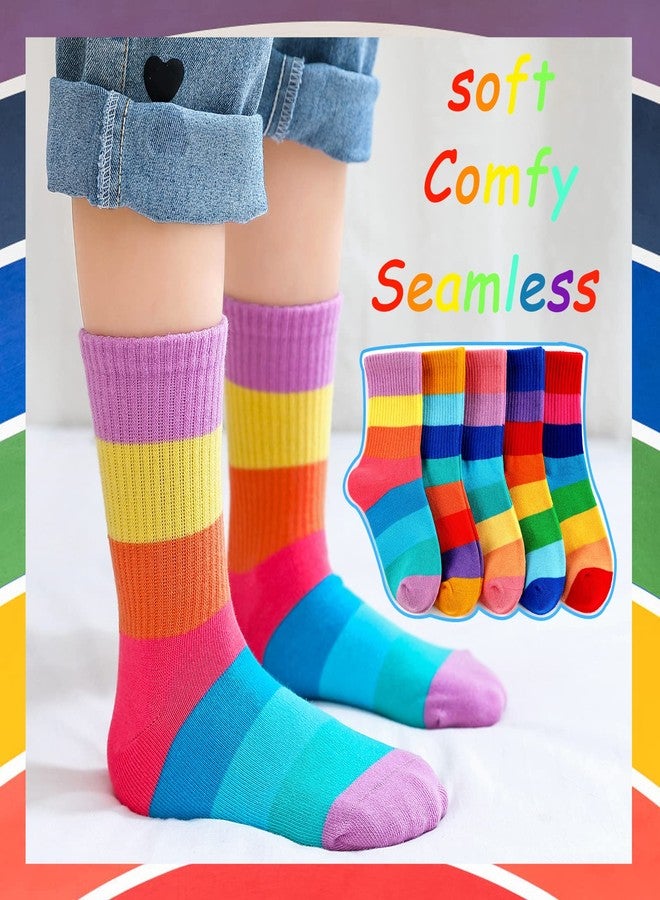 hakugoo Kids Crew Socks - Seamless Rainbow Stripes Cotton Athletic Sock (5 Pairs, Set C,M, 6-8 Years Unisex) - Image 2