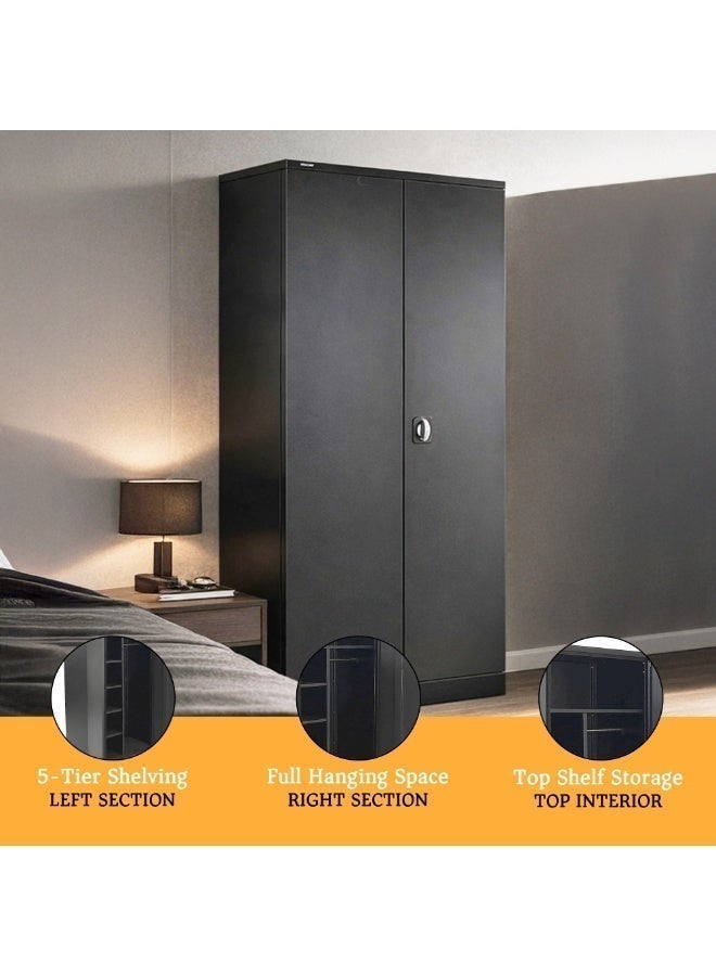 RIGID Steel Home Cupboard with Hanging Rod & Adjustable Shelves | Storage Wardrobe with Flush Key Lock | Durable Metal Almirah for Bedroom, Office & Home Use, (Black, 45D x 90W x 183H) - Assembled - Image 5