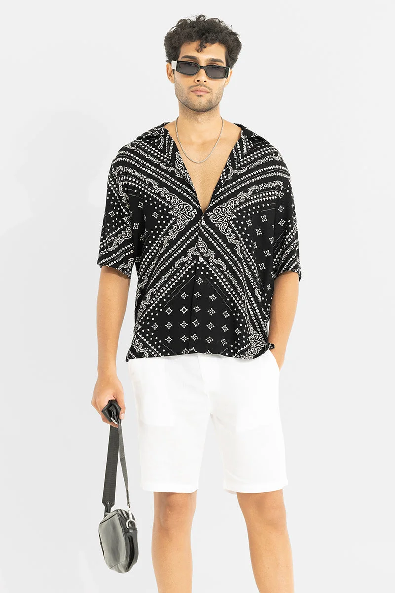 سنيتش Black Geometric Half Sleeve Oversized Casual Shirt