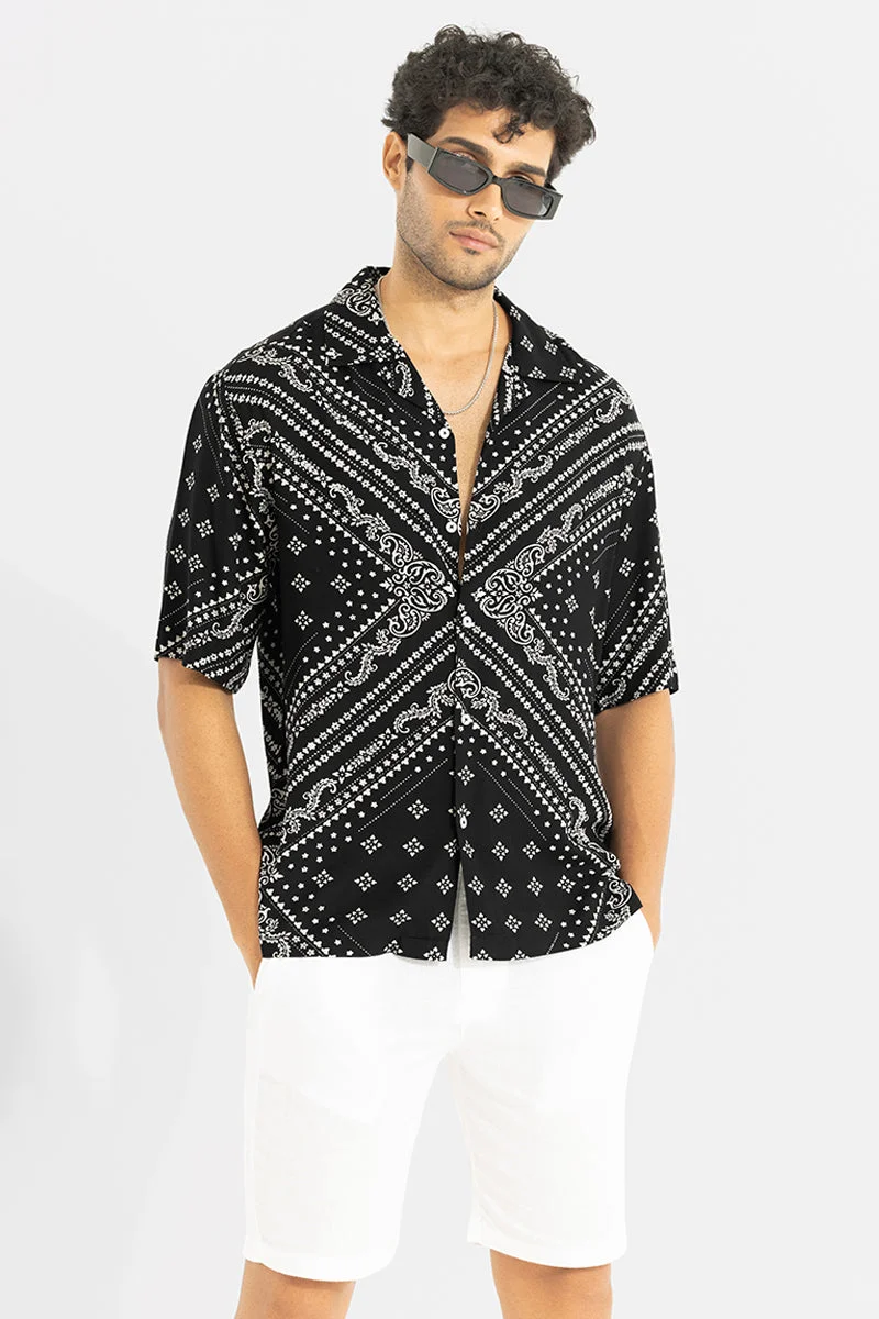 سنيتش Black Geometric Half Sleeve Oversized Casual Shirt
