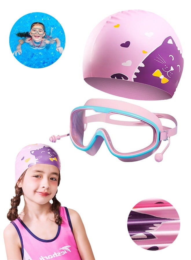 Kids Swim Goggles with Swim Cap, Waterproof Swim Cap Anti-Fog Clear Wide View Swimming Goggles with Ear Plugs for Kids 6-14（Pink) - Image 1