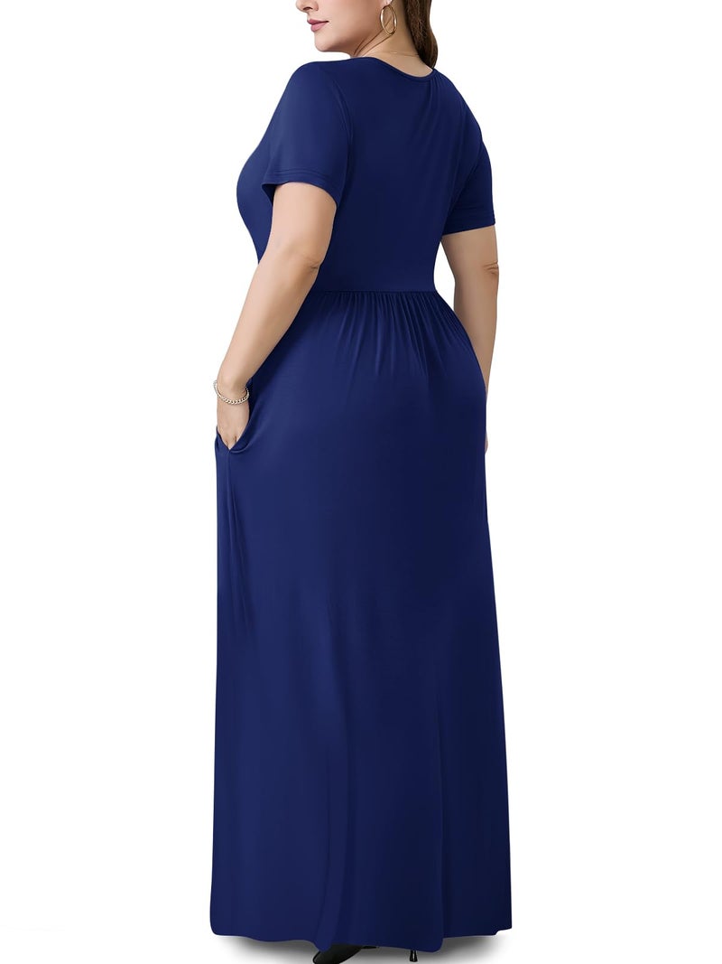 PEVRL Plus Size Maxi Dresses for Women Summer Casual Short Sleeve Long Dress with Pockets Navy Blue 3X - Image 3