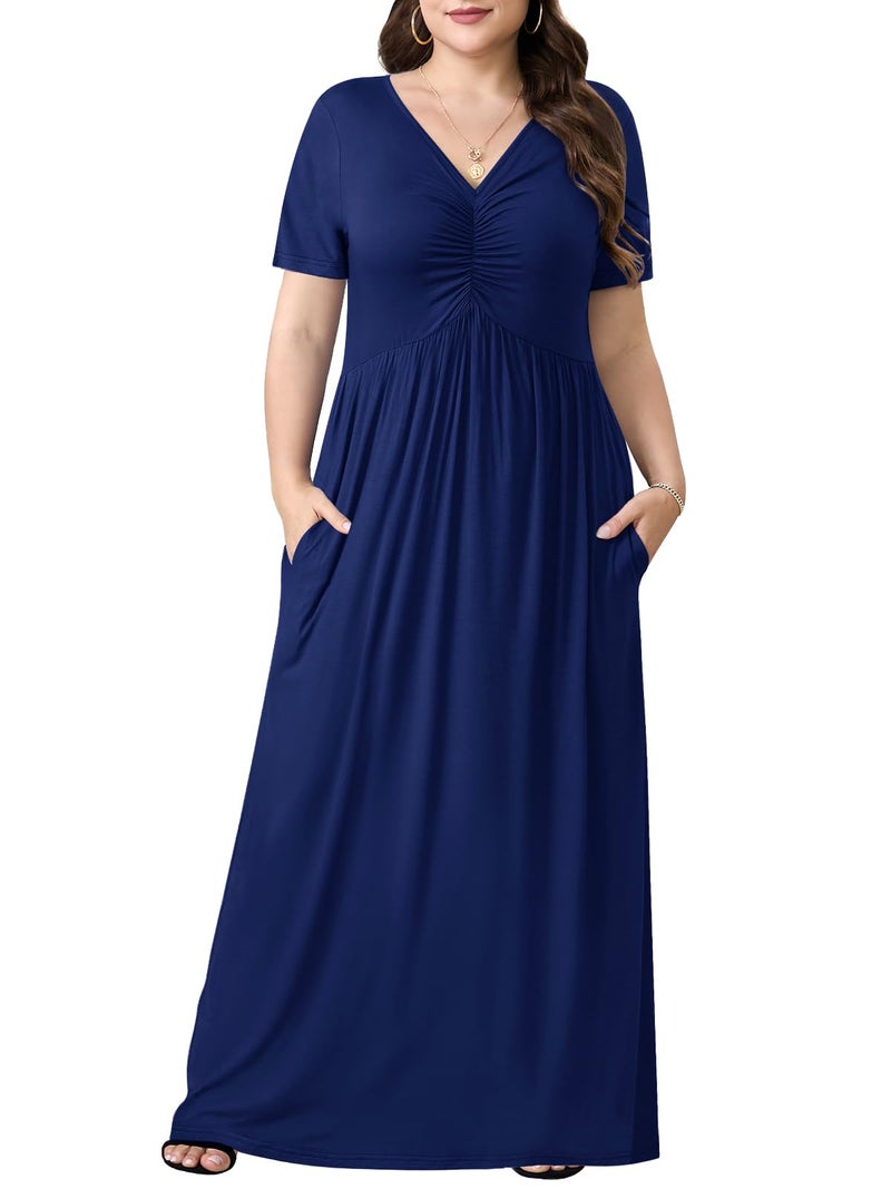 PEVRL Plus Size Maxi Dresses for Women Summer Casual Short Sleeve Long Dress with Pockets Navy Blue 3X - Image 5