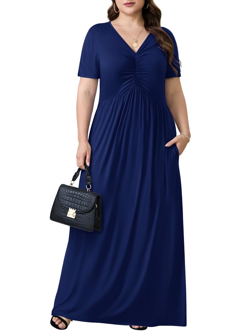 PEVRL Plus Size Maxi Dresses for Women Summer Casual Short Sleeve Long Dress with Pockets Navy Blue 3X - Image 2