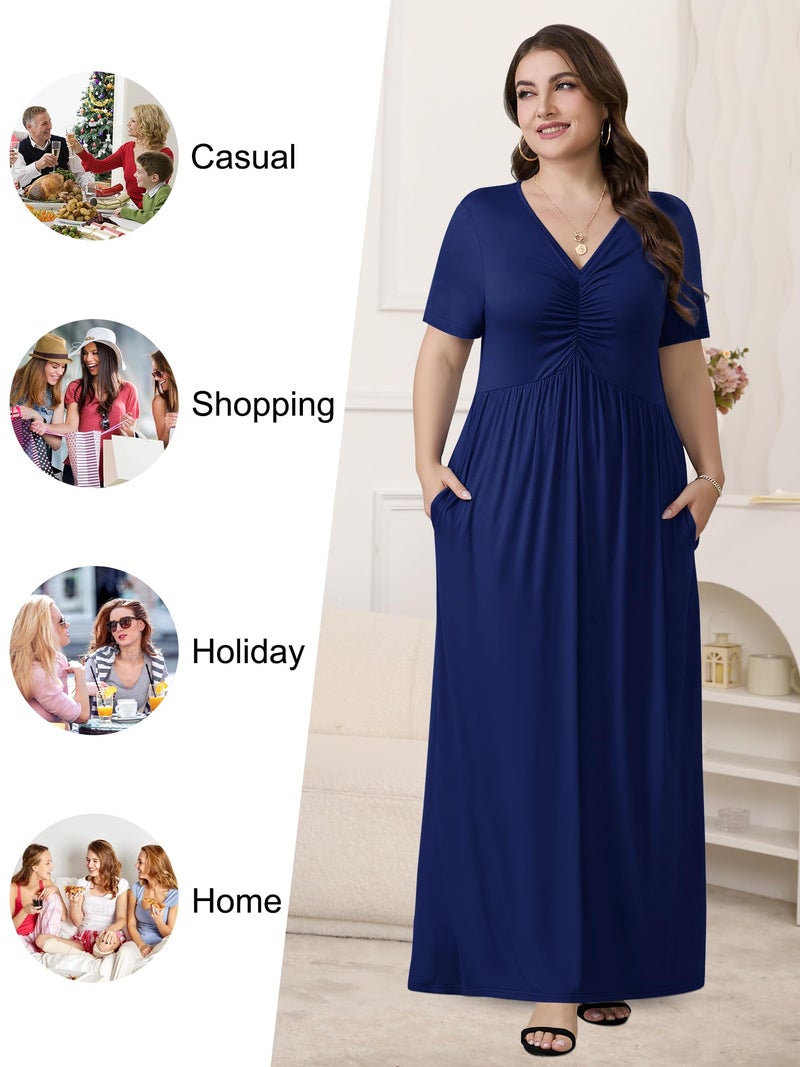 PEVRL Plus Size Maxi Dresses for Women Summer Casual Short Sleeve Long Dress with Pockets Navy Blue 3X - Image 4