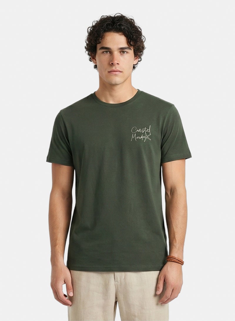 RAVIN Men Olive Green Coastal Mood Graphic Back Print T-Shirt - Image 1