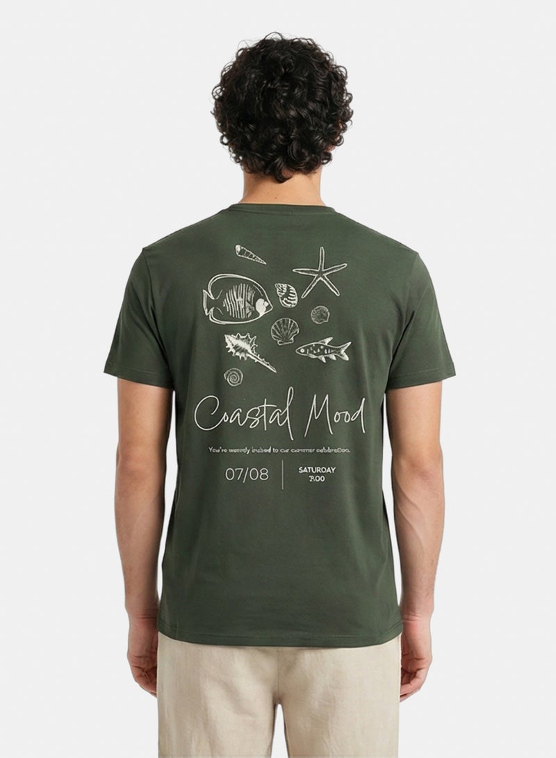 RAVIN Men Olive Green Coastal Mood Graphic Back Print T-Shirt - Image 2