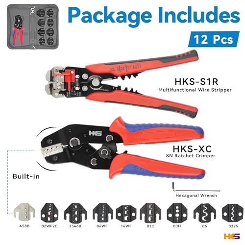 HKS Ratcheting Crimping Tool Set 12 PCS with Wire Stripper & Changeable Jaws for Dupont JST MOLEX - Open Barrel Terminals, Insulated & Non-Insulated Ferrules, Butt Connectors, Solar & Coax Connectors - Image 2