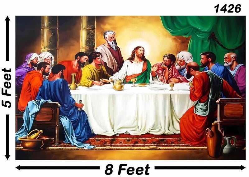 Backdropon خلفية يسوع المسيح لعيد الفصح عشية العشاء الأخير مع اثني عشر رسولاً خلفية مقدسة المخلص وتلاميذه في يوم الخميس المقدس تصوير ديني بحجم 5 أقدام ارتفاع و8 أقدام عرض (5 * 8) - Image 3