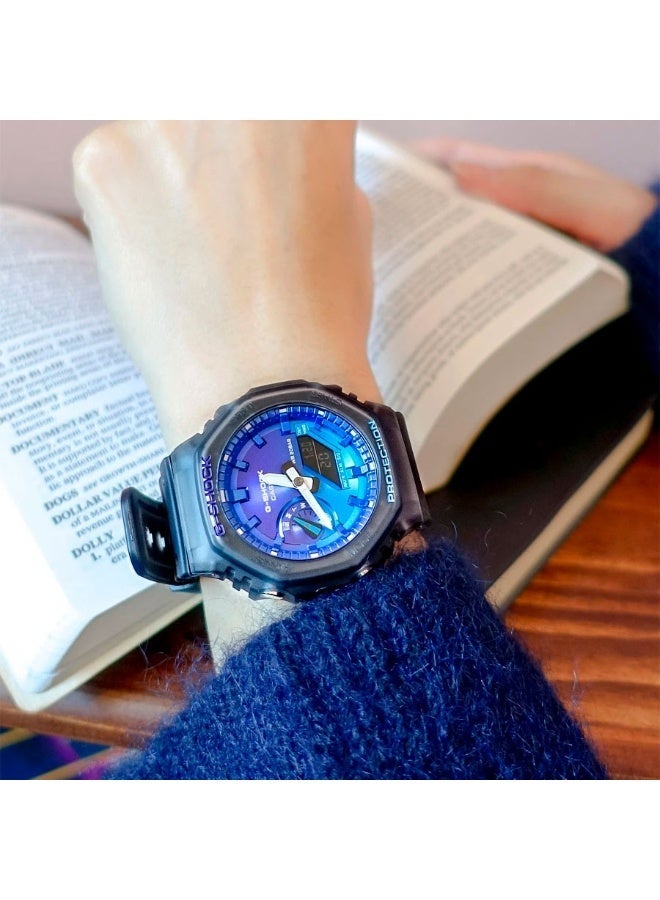 G-SHOCK Analog-Digital Men’s Watch GA-2100FLS-8A2, 45.4 mm Flame Inside Blue Dial, Grey Carbon Core Guard Case & Resin Strap, Shock-Resistant, Double LED Light, 200 m WR - Image 4