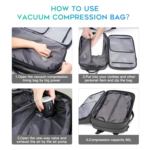 BANGE حقيبة ظهر سفر بضغط فراغ BANGE، 60 لتر قابلة للتوسيع مع مضخة هواء، حقيبة ظهر مقاومة للماء ومضادة للسرقة للكمبيوتر المحمول للمشي، الأعمال والسفر - Image 4