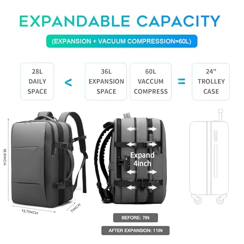 BANGE حقيبة ظهر سفر بضغط فراغ BANGE، 60 لتر قابلة للتوسيع مع مضخة هواء، حقيبة ظهر مقاومة للماء ومضادة للسرقة للكمبيوتر المحمول للمشي، الأعمال والسفر - Image 5