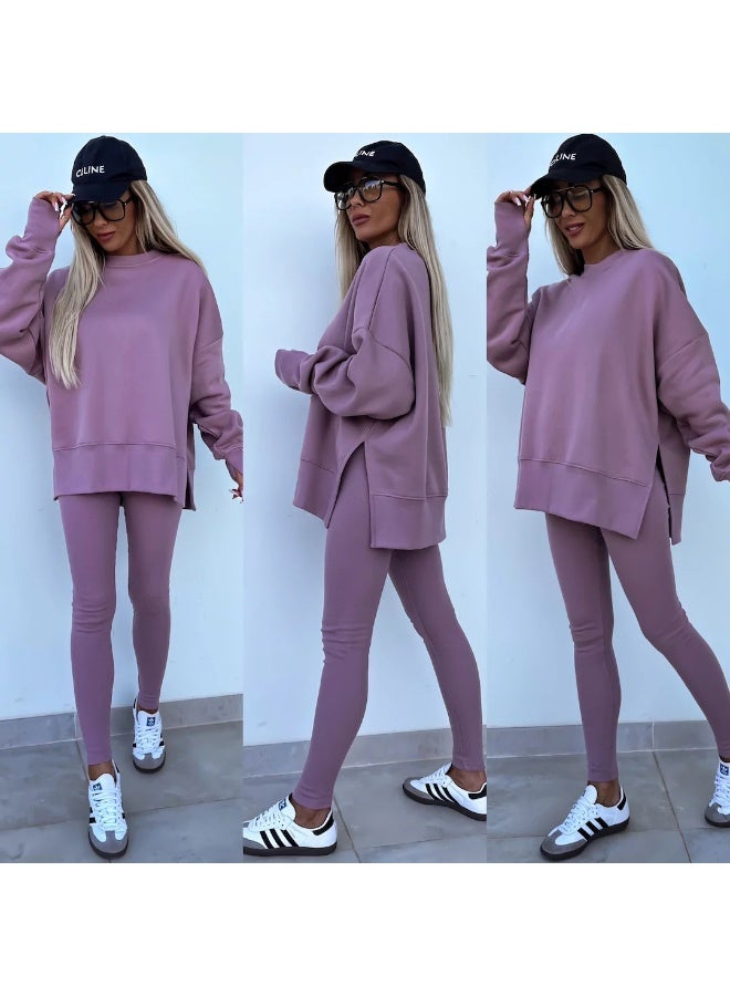 NIBEMINENT Women Sweatshirt 2 Piece Set Loose Casual Pullovers  Slit O-neck Tops Yoga Ribbed Leggings Fashion Street Outfits - Image 1