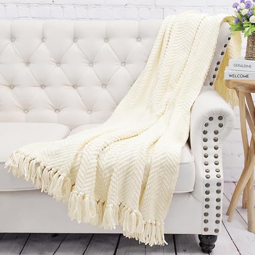 Home Soft Things White Throw Blanket Knitted Tweed Throw 50'' x 60'', Antique White, Super Soft Cozy Warm Comfortable Breathable Throw for Living Room Chair Couch Bed Sofa Bedroom Home Décor - Image 4