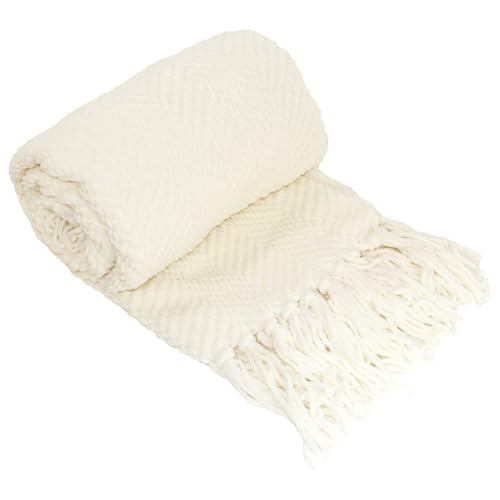 Home Soft Things White Throw Blanket Knitted Tweed Throw 50'' x 60'', Antique White, Super Soft Cozy Warm Comfortable Breathable Throw for Living Room Chair Couch Bed Sofa Bedroom Home Décor - Image 1