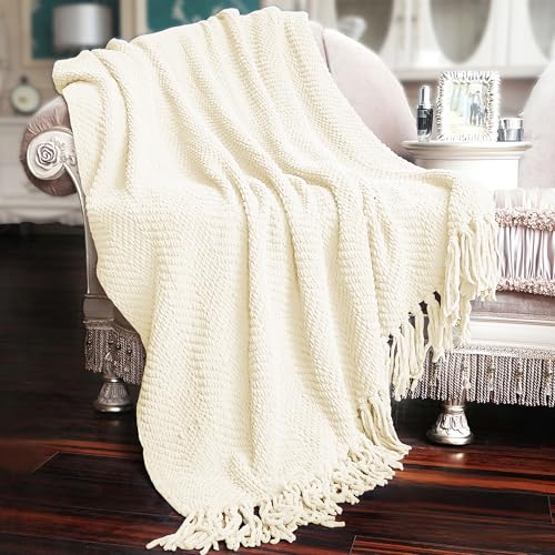 Home Soft Things White Throw Blanket Knitted Tweed Throw 50'' x 60'', Antique White, Super Soft Cozy Warm Comfortable Breathable Throw for Living Room Chair Couch Bed Sofa Bedroom Home Décor - Image 3