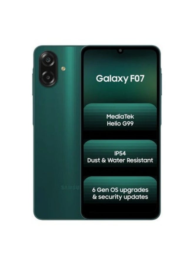 Samsung Galaxy F07 (Green, 64 GB) (4 GB RAM) | MediaTek Helio G99 | IP54 Rating | 50MP Auto Focus Camera | 7.6mm Slim | 5000mAh Battery| 25W Fast Charging | 6 Gen of OS Upgrades | Without Charger