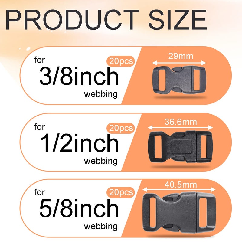 CooBigo 60 Pack Paracord Bracelets Buckles, 5/8, 1/2 and 3/8 Inch Contoured Paracord Buckles, Plastic Side Release Clasp for Parachute 550 Cord Bracelets Clasps Clip Dog Collar Accessories (20 Each) - Image 2