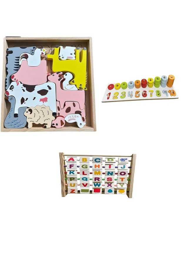 Kinder Creative Kinder Creative 3D Domestic Animals Stacking Puzzle,Peg Number Ring Counting Set,Alphabet Abacus Learning Toy, Educational Puzzle and Toys for Kids Pack of 3  - Image 1