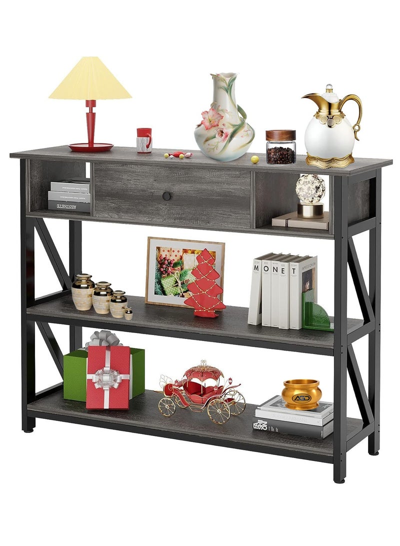 AGD 3-Tier Console Table with Drawer, Artificial Wooden Shelves for Living Room Sofa, Foyer, Kitchen Table, 100x30x79cm Gray - Image 1