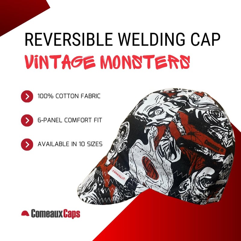 Comeaux Caps Reversible Welding Cap - Vintage Monsters (US, Numeric, 7 1/4, Red) - Image 3