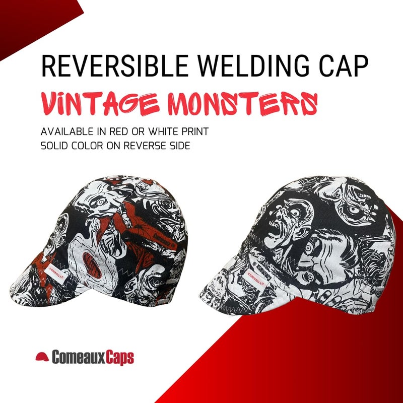 Comeaux Caps Reversible Welding Cap - Vintage Monsters (US, Numeric, 7 1/4, Red) - Image 4