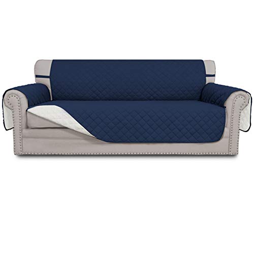 EasyGoing 4 Seater Sofa Slipcover Reversible Sofa Cover Water Resistant Couch Cover with Foam Sticks Elastic Straps Furniture Protector for Pets Children Dog Cat XXLarge NavyIvory