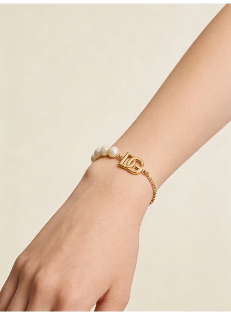 D&G Logo Pearl Chain Bracelet | Gold asymmetric luxury bracelet - Image 3