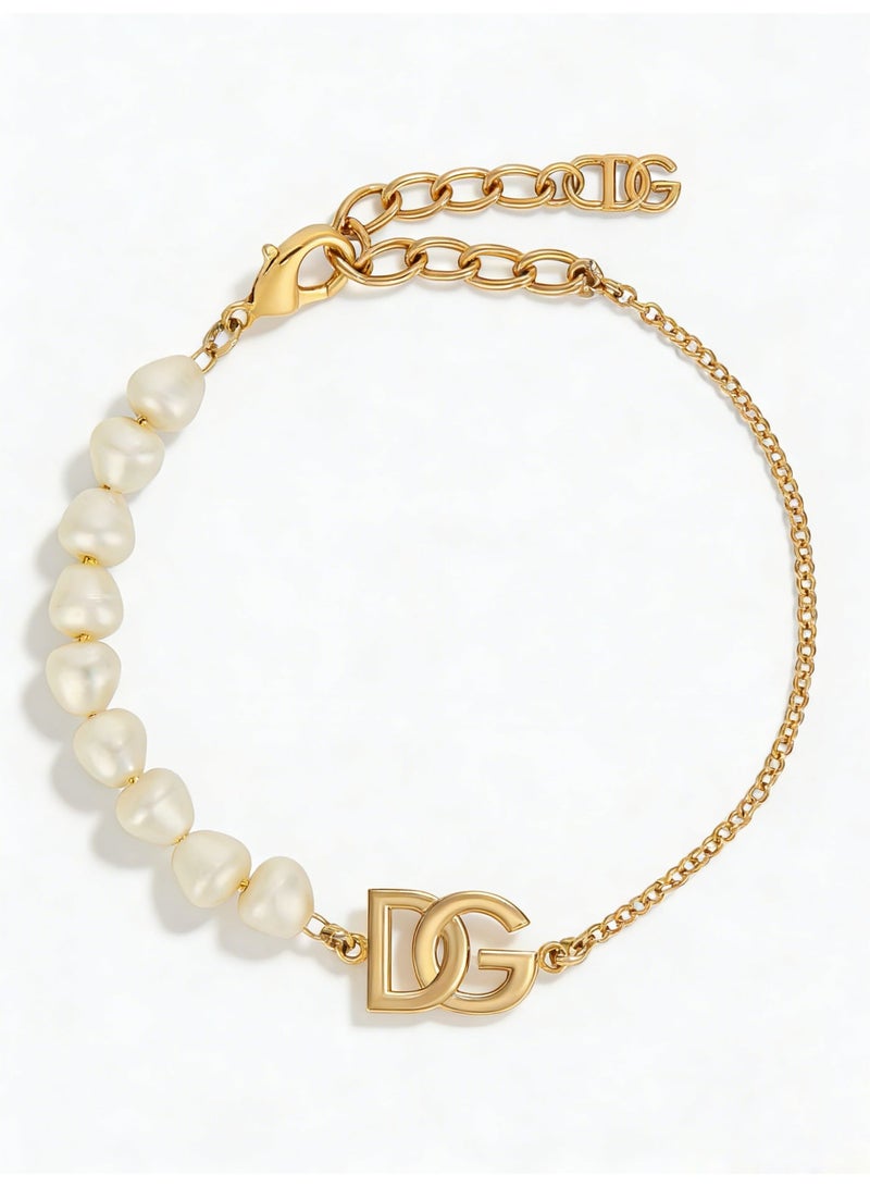 D&G Logo Pearl Chain Bracelet | Gold asymmetric luxury bracelet - Image 1